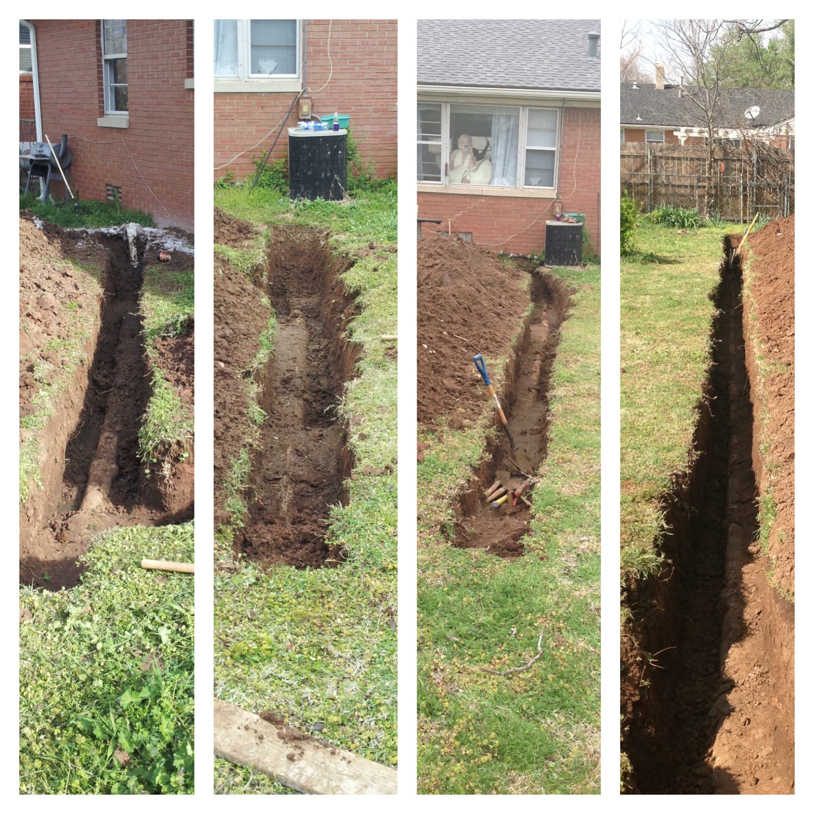 Color collage of Grace's sewer line being slowly dug up.