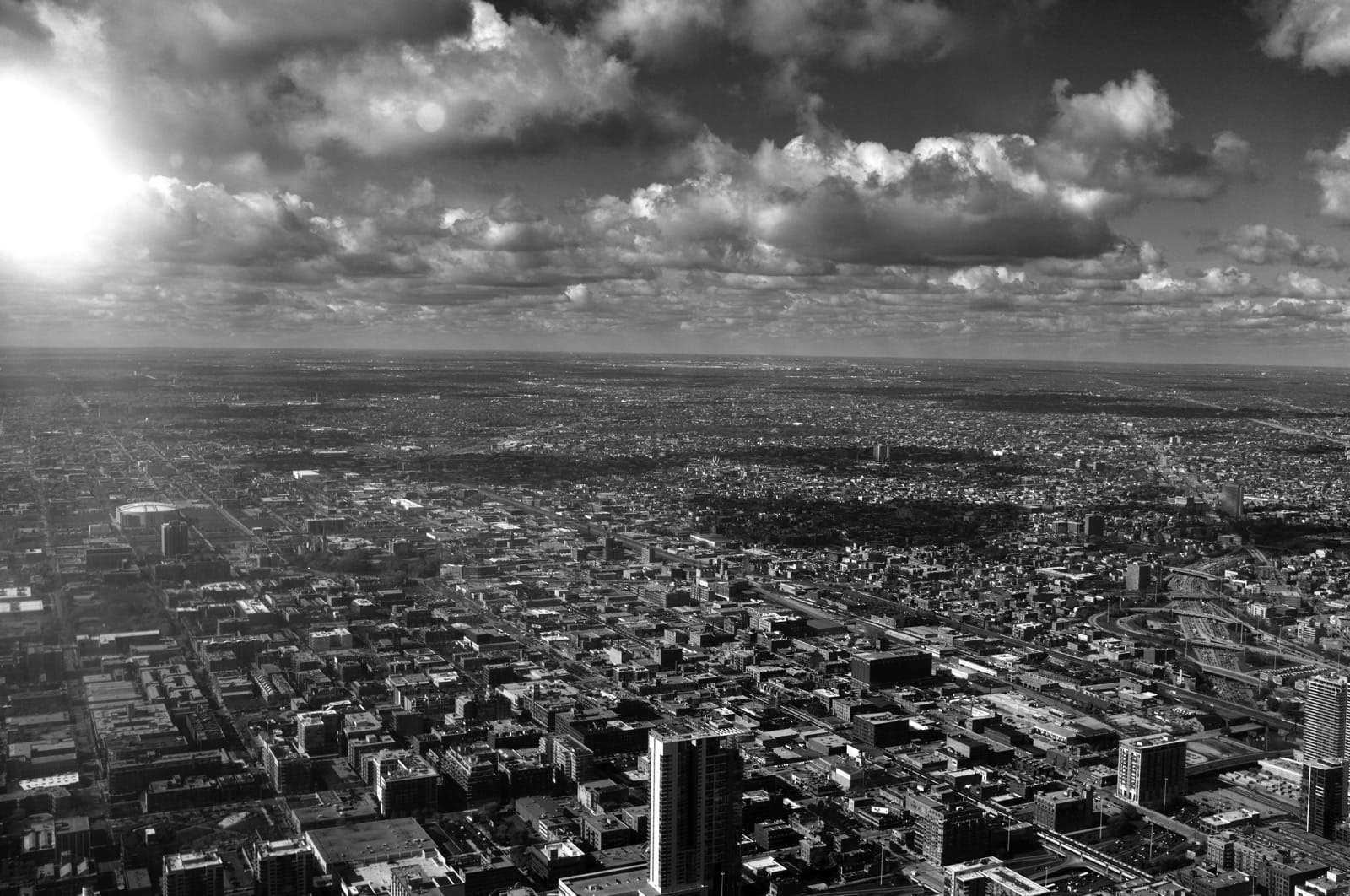 B&W photo of Chicago looking south from Willis Tower.