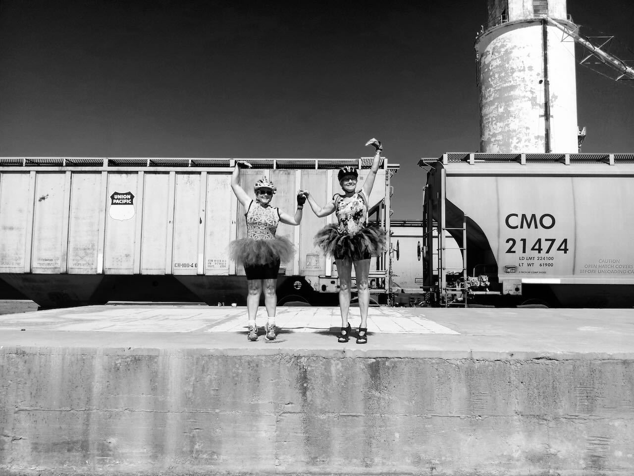 B&W photo of Moni and Jennifer on Crazy Days.