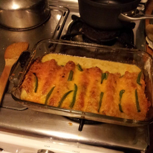 Color photo of chicken enchiladas.