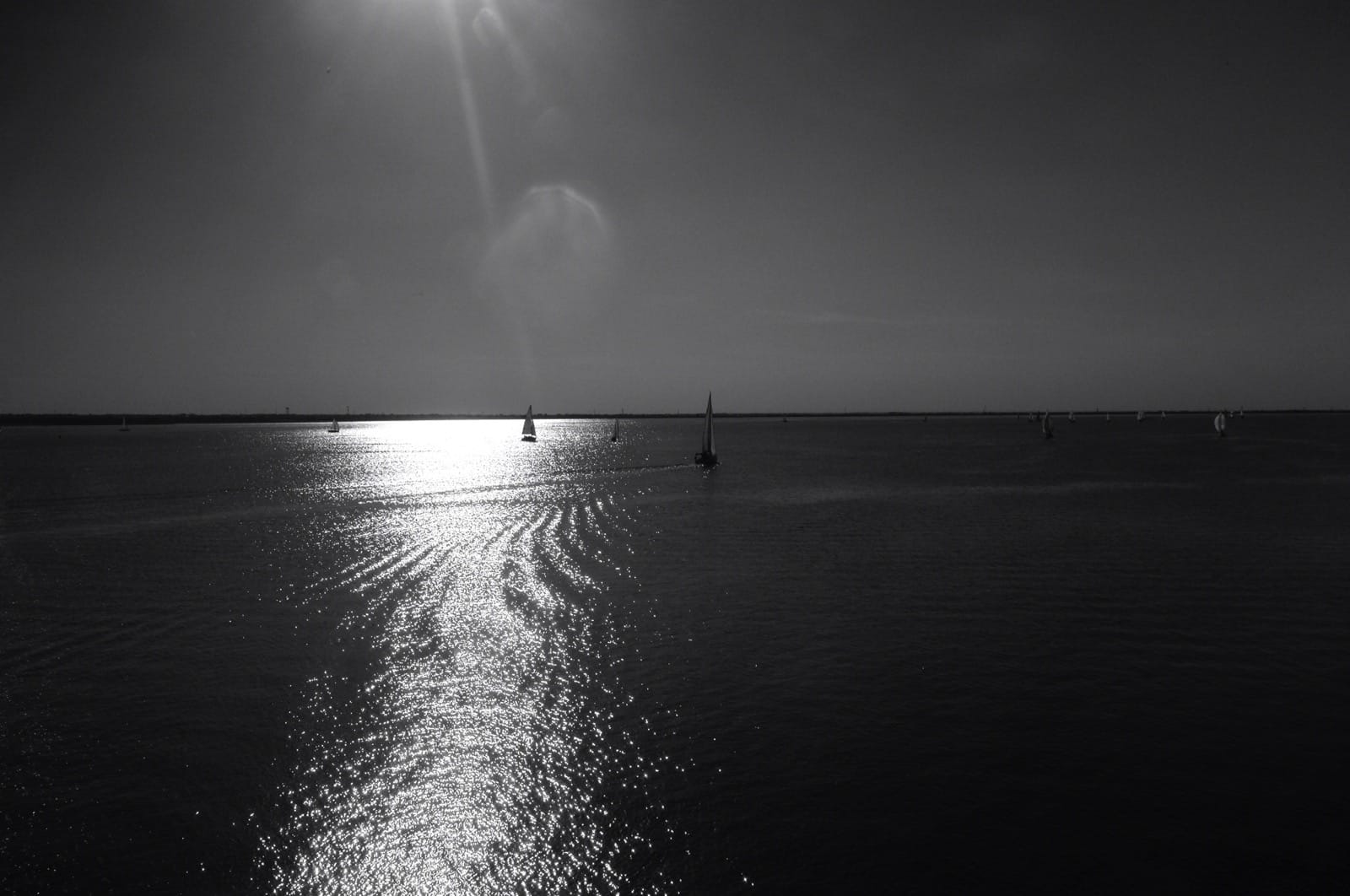 B&W photo of sailboats on Lake Hefner.