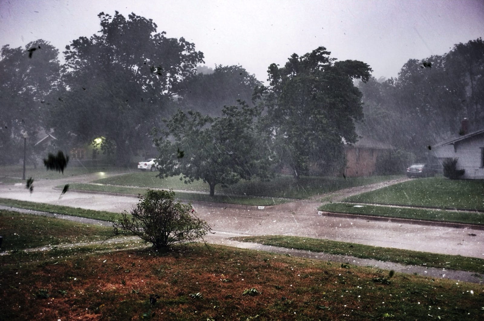 Color photo of a hail storm.