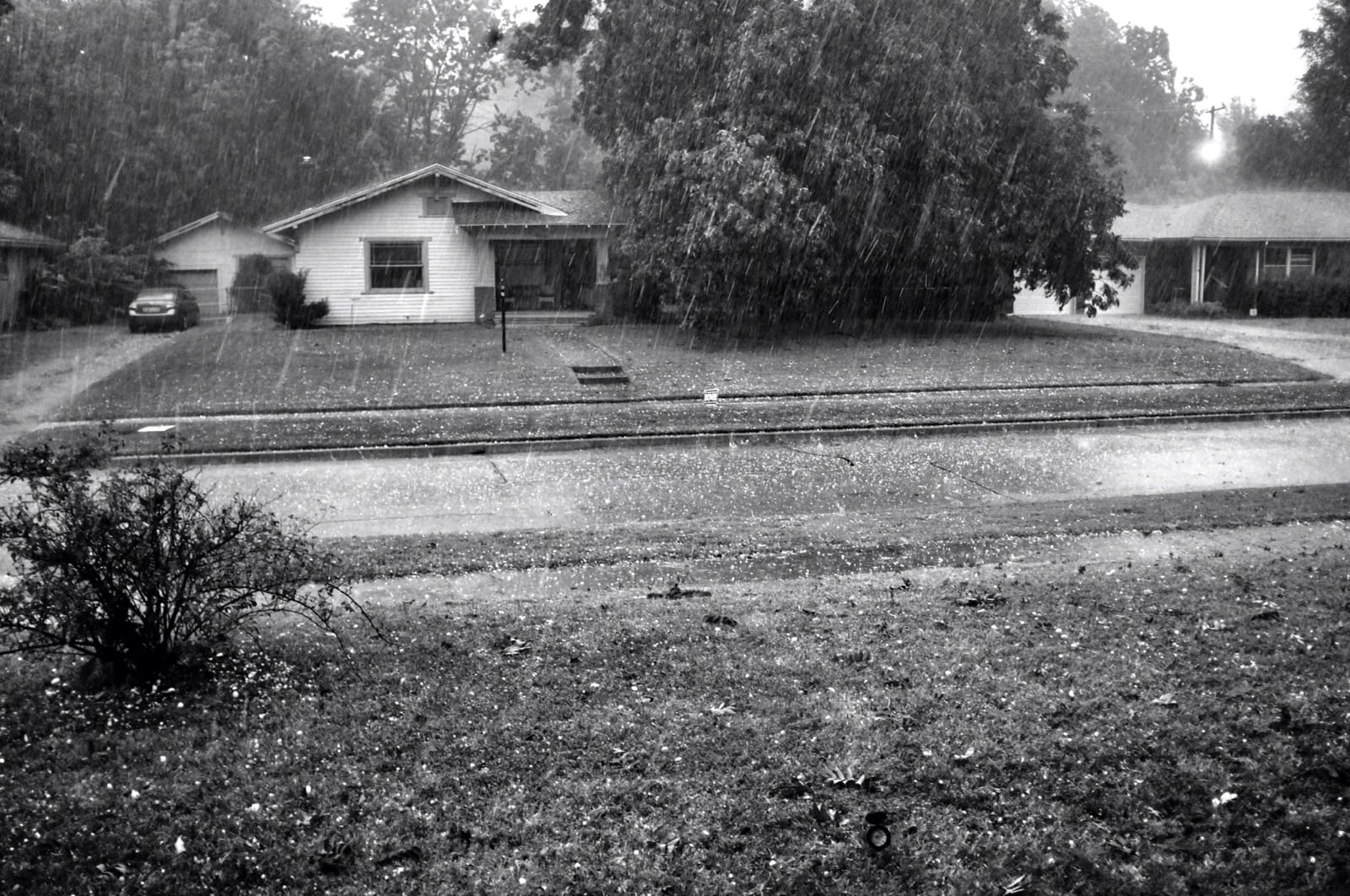 B&W photo of a hail storm.