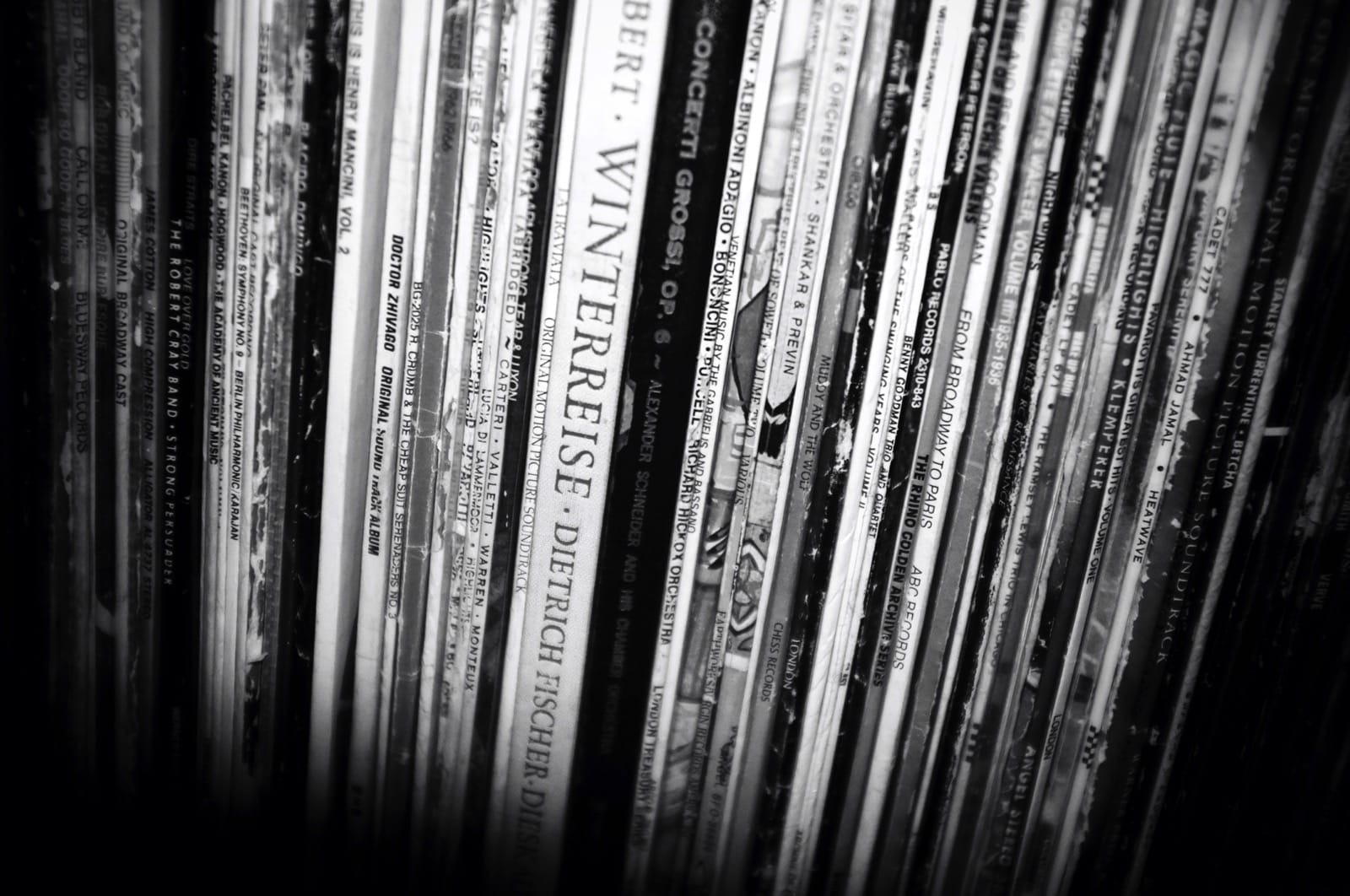 B&W photo of albums.